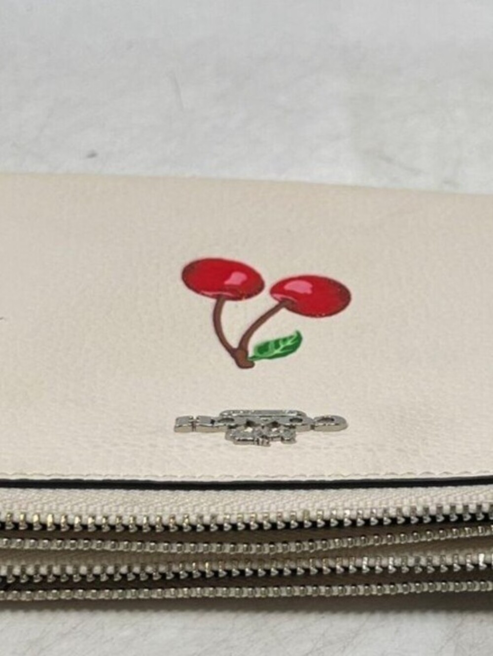 Coach Cherry Print Double Corner Zip Pebble Leather Wristlet Wallet